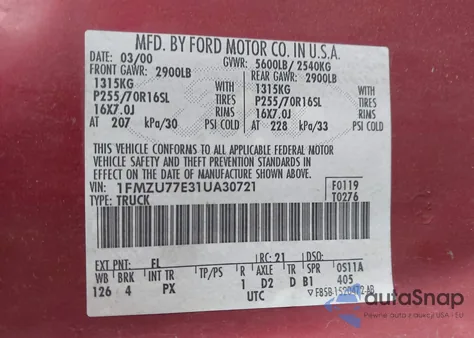 2001 Ford Explorer Sport Trac from USA, damaged, VIN 1FMZU77E31UA30721